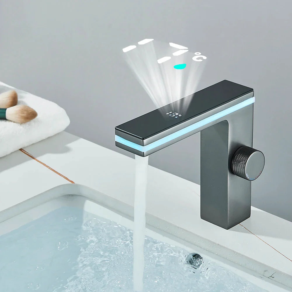 Robinet lavabo salle de bain affichage numérique - Argenté - Laiton