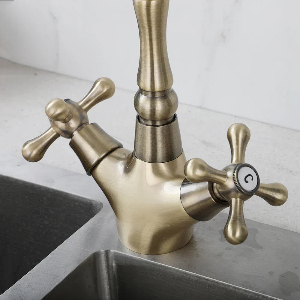Robinet cuisine évier rétro double poignées - Doré - Laiton