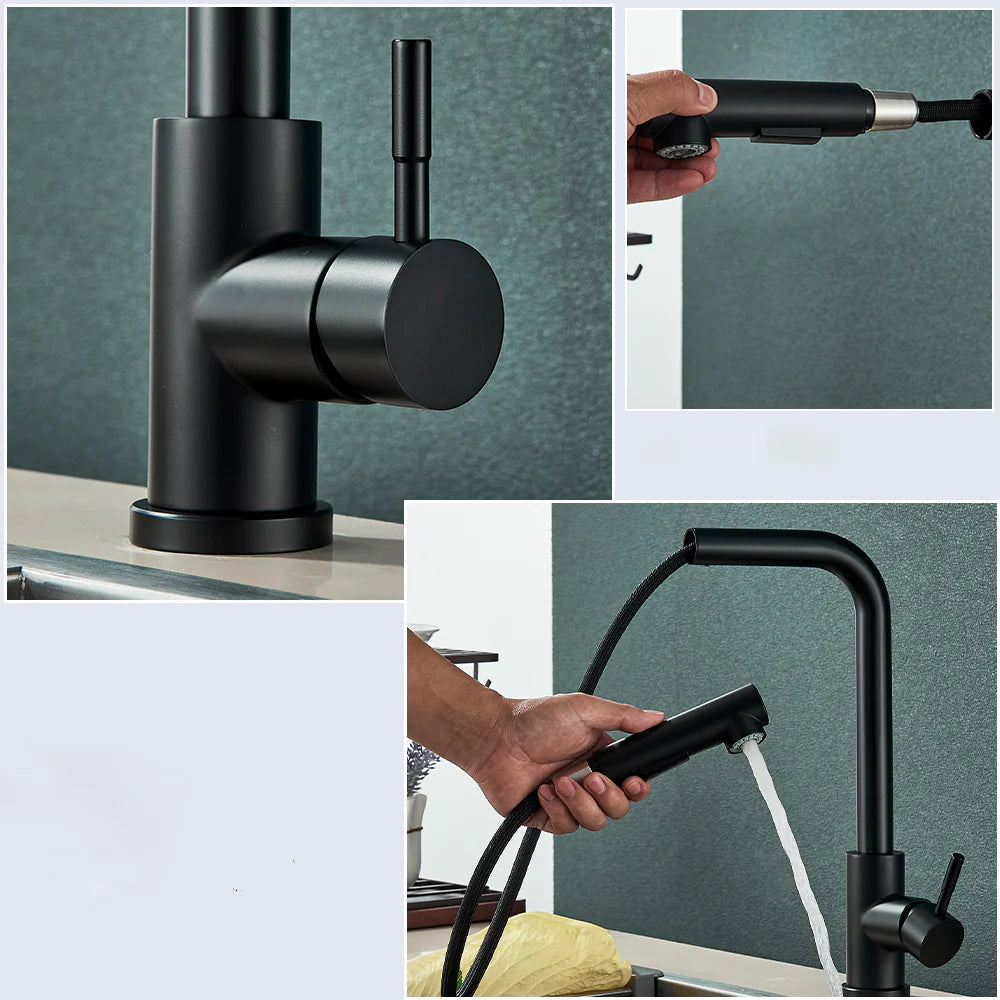 Robinet évier cuisine minimaliste flexible rétractable douchette - Noir
