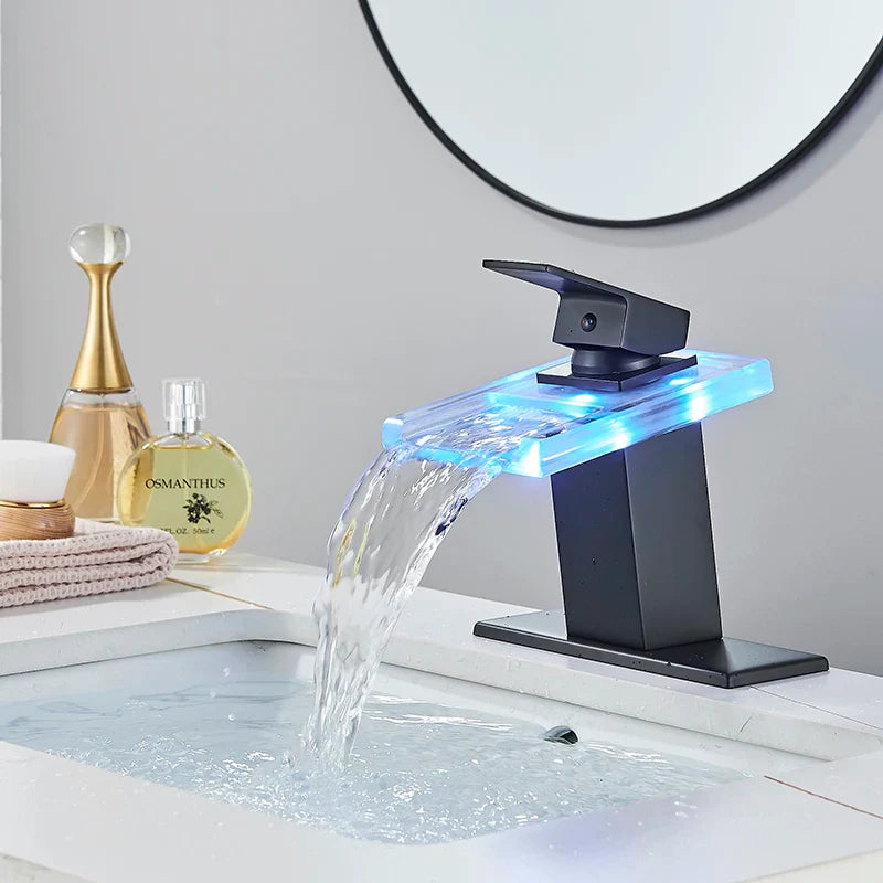 Robinet salle de bain lavabo cascade lumineuse - Noir - Laiton