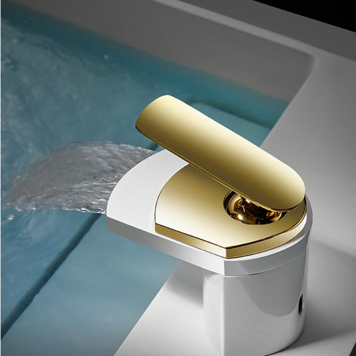 Robinet lavabo salle de bain large design cascade - Blanc / Doré