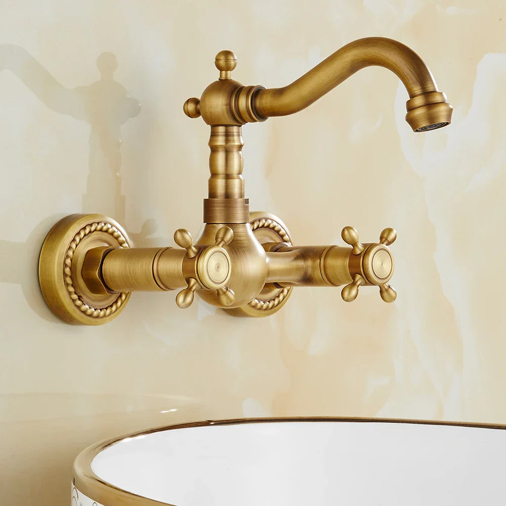 Robinet évier de cuisine vintage mural double poignées - Doré - Laiton