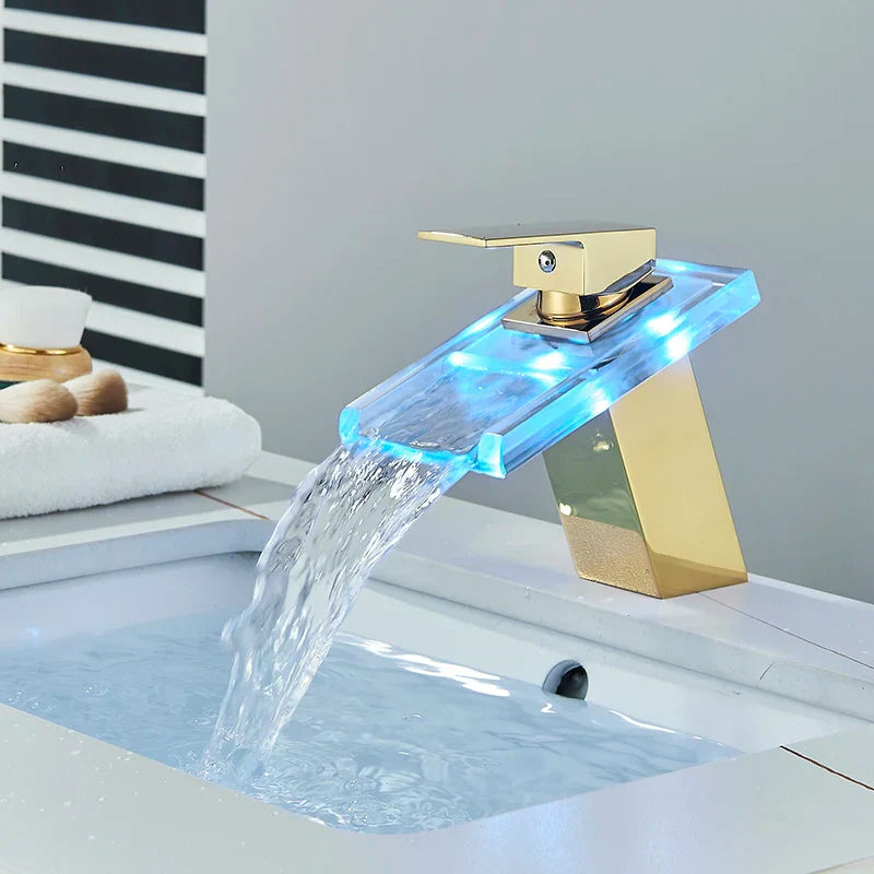 Robinet salle de bain lavabo cascade lumineuse - Doré - Laiton