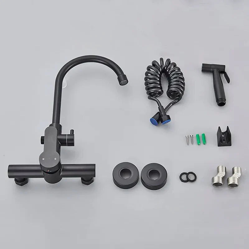 Robinet évier cuisine mural encastrable douchette pistolet flexible - Noir