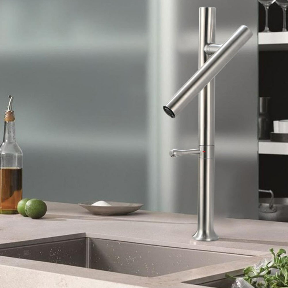 Robinet cuisine évier design fin style bambou - Argenté