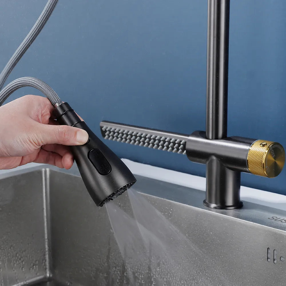 Robinet évier cuisine cascade flexible douchette - Noir - Laiton