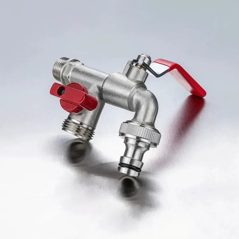 Robinet extérieur de jardin 2 sorties vanne rouge - Argenté