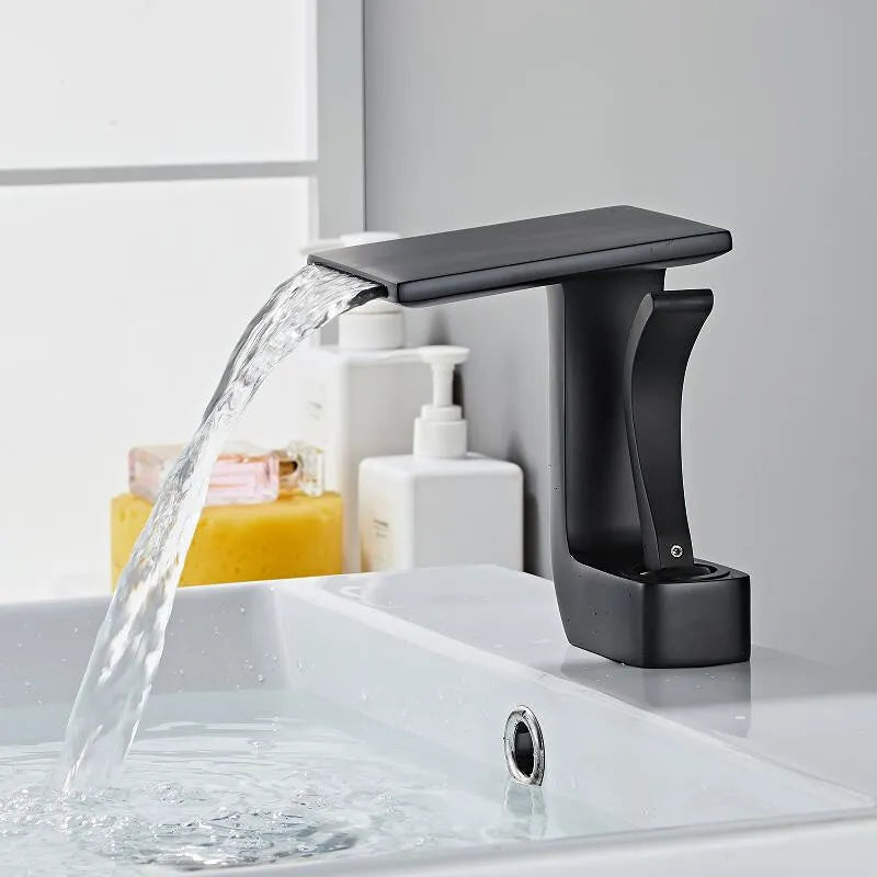 Robinet lavabo salle de bain plat géométrique mitigeur design - Noir - Laiton