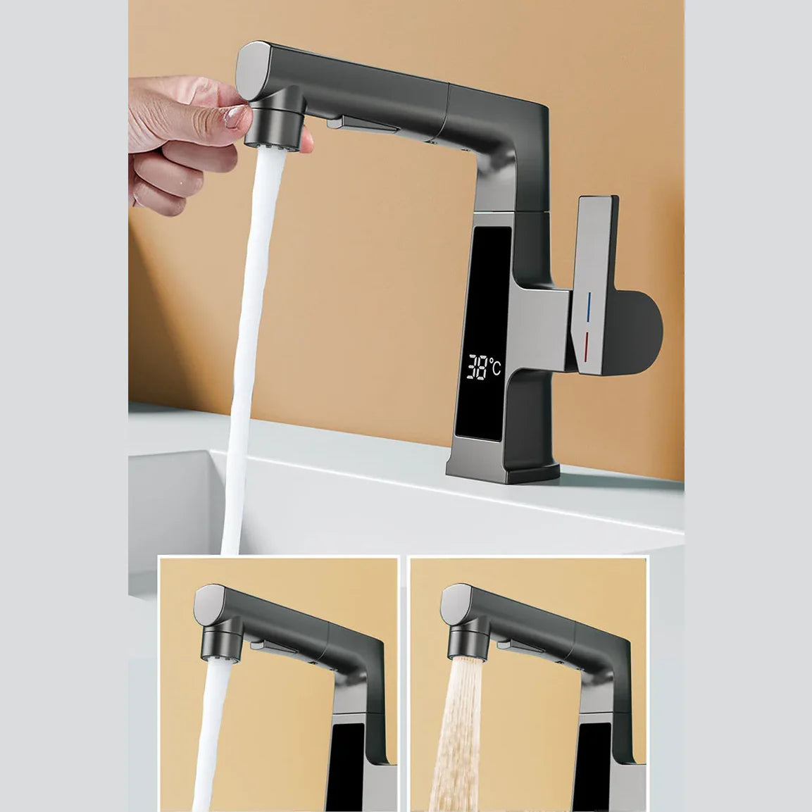 Robinet affichage température douchette salle de bain lavabo - Blanc - Laiton