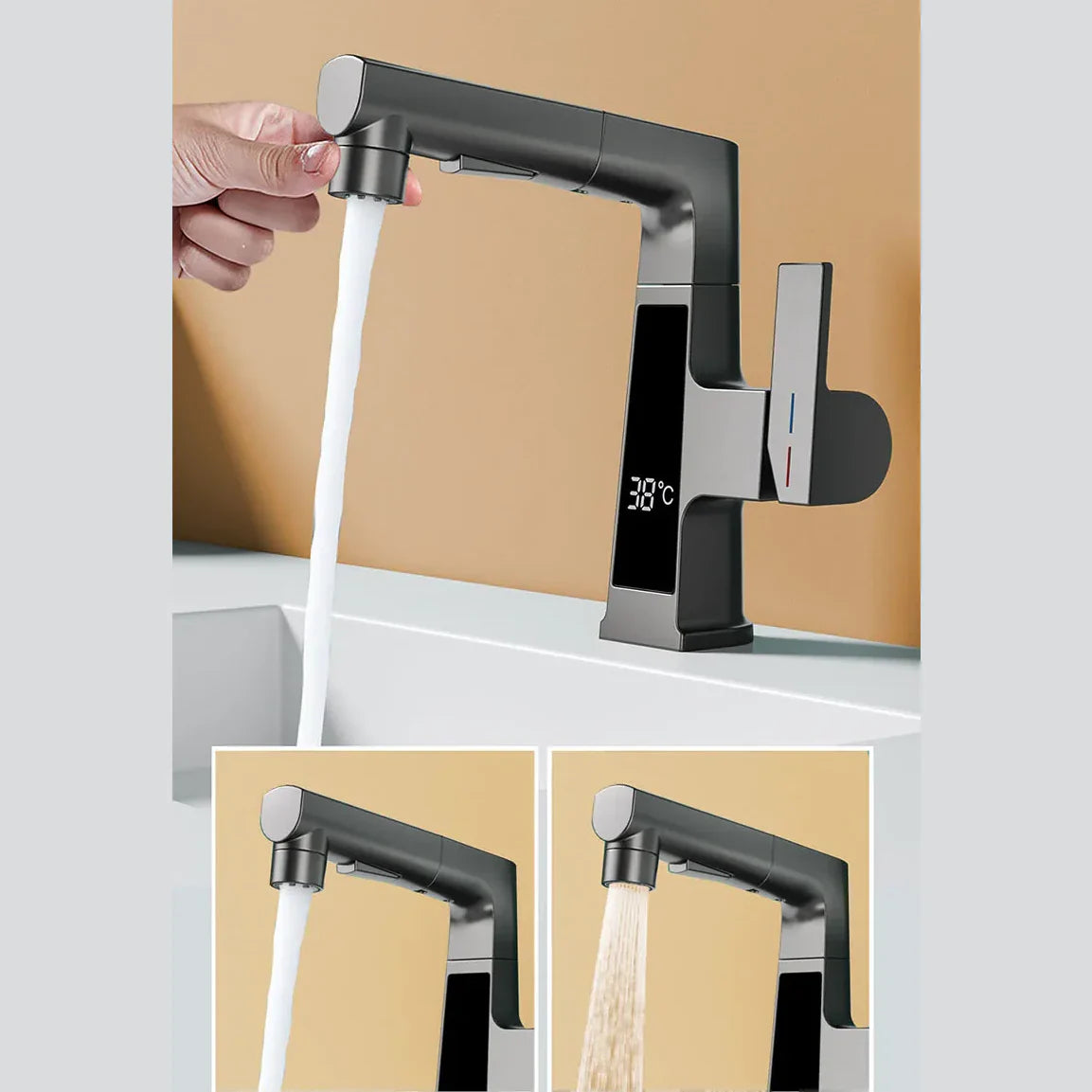 Robinet affichage température douchette salle de bain lavabo - Argenté - Laiton