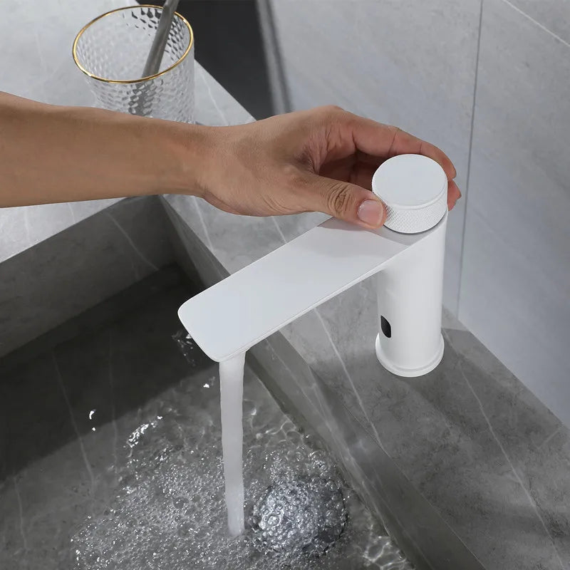 Robinet lavabo salle de bain tactile mitigeur rond - Blanc - Laiton