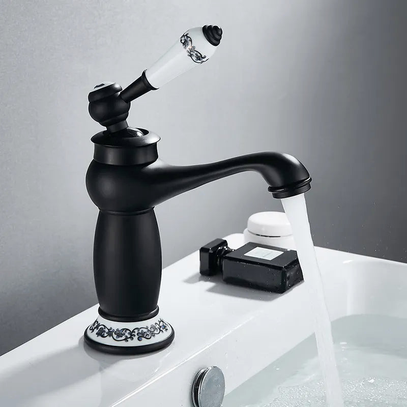 Robinet lavabo salle de bain rétro poignée céramique - Noir - Laiton