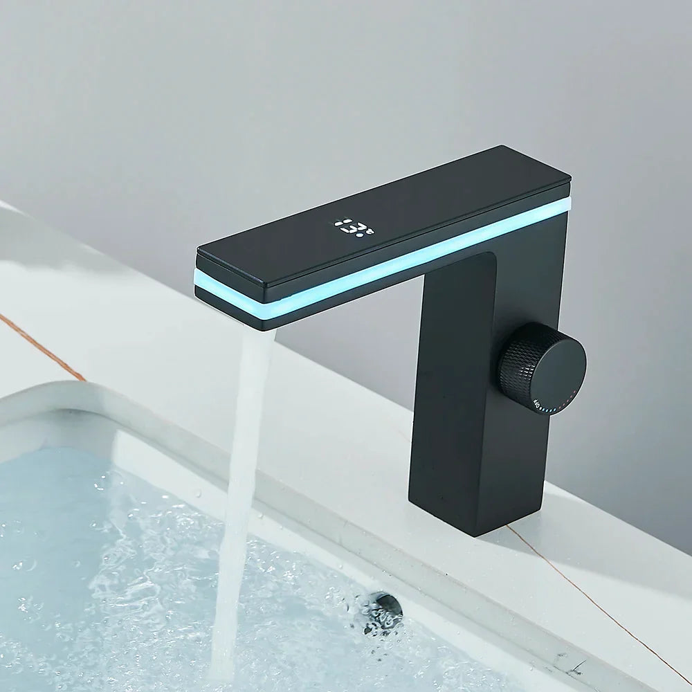 Robinet lavabo salle de bain affichage numérique - Noir - Laiton