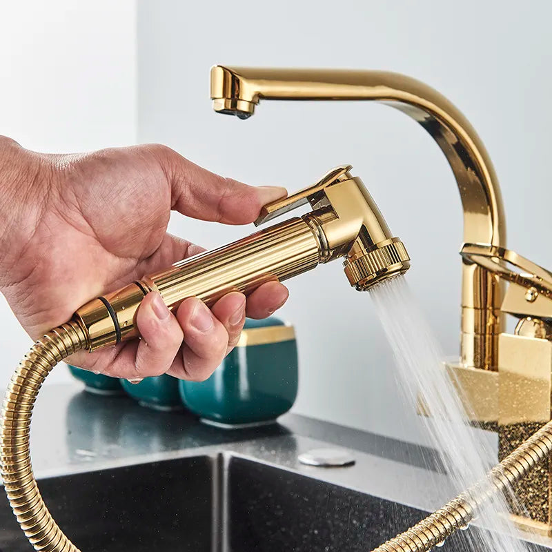 Robinet évier cuisine design mitigeur flexible douchette pistolet - Doré - Laiton