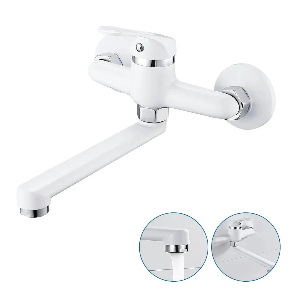 Robinet évier cuisine mitigeur encastrable mural - Blanc - Laiton