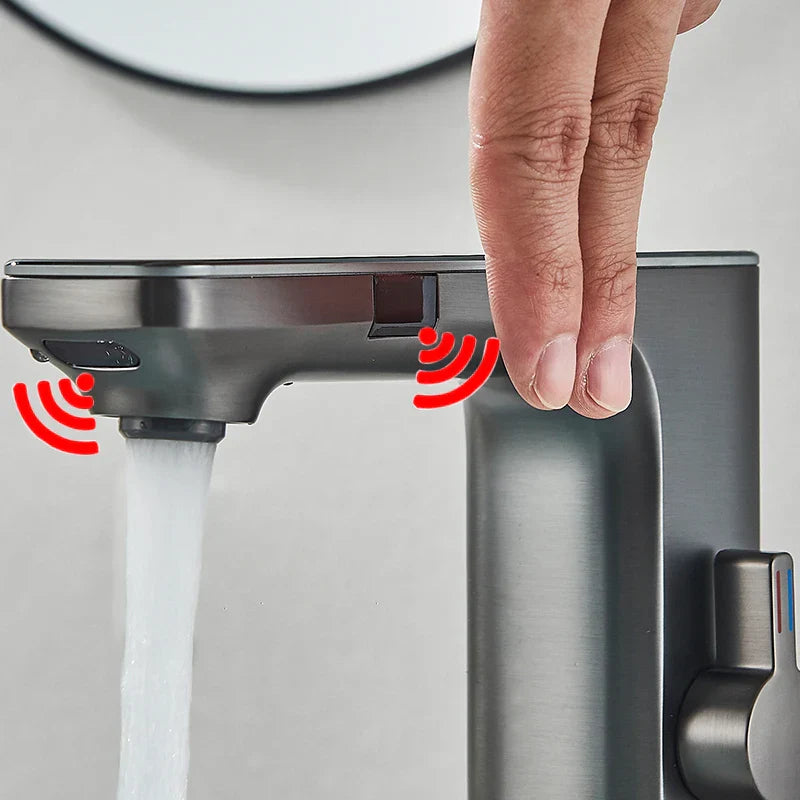 Robinet lavabo tactile affichage thermostatique numérique - Argenté - Laiton