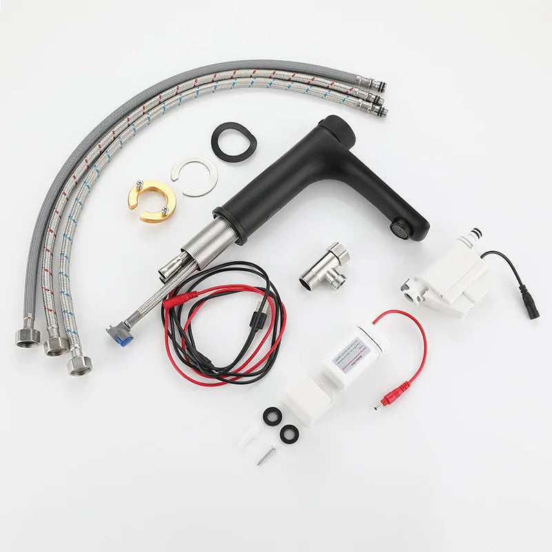 Robinet lavabo salle de bain tactile mitigeur rond - Noir - Laiton