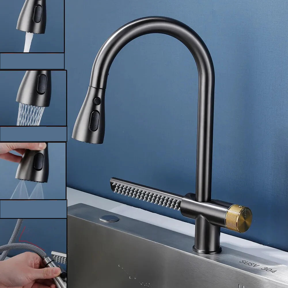 Robinet évier cuisine cascade flexible douchette - Noir - Laiton