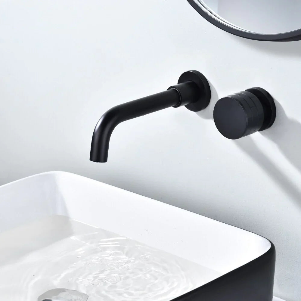 Robinet lavabo salle de bain mural encastrable mitigeur molette - Noir  - Laiton