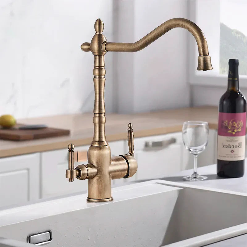 Robinet évier cuisine rétro mitigeur purificateur d'eau - Doré - Laiton
