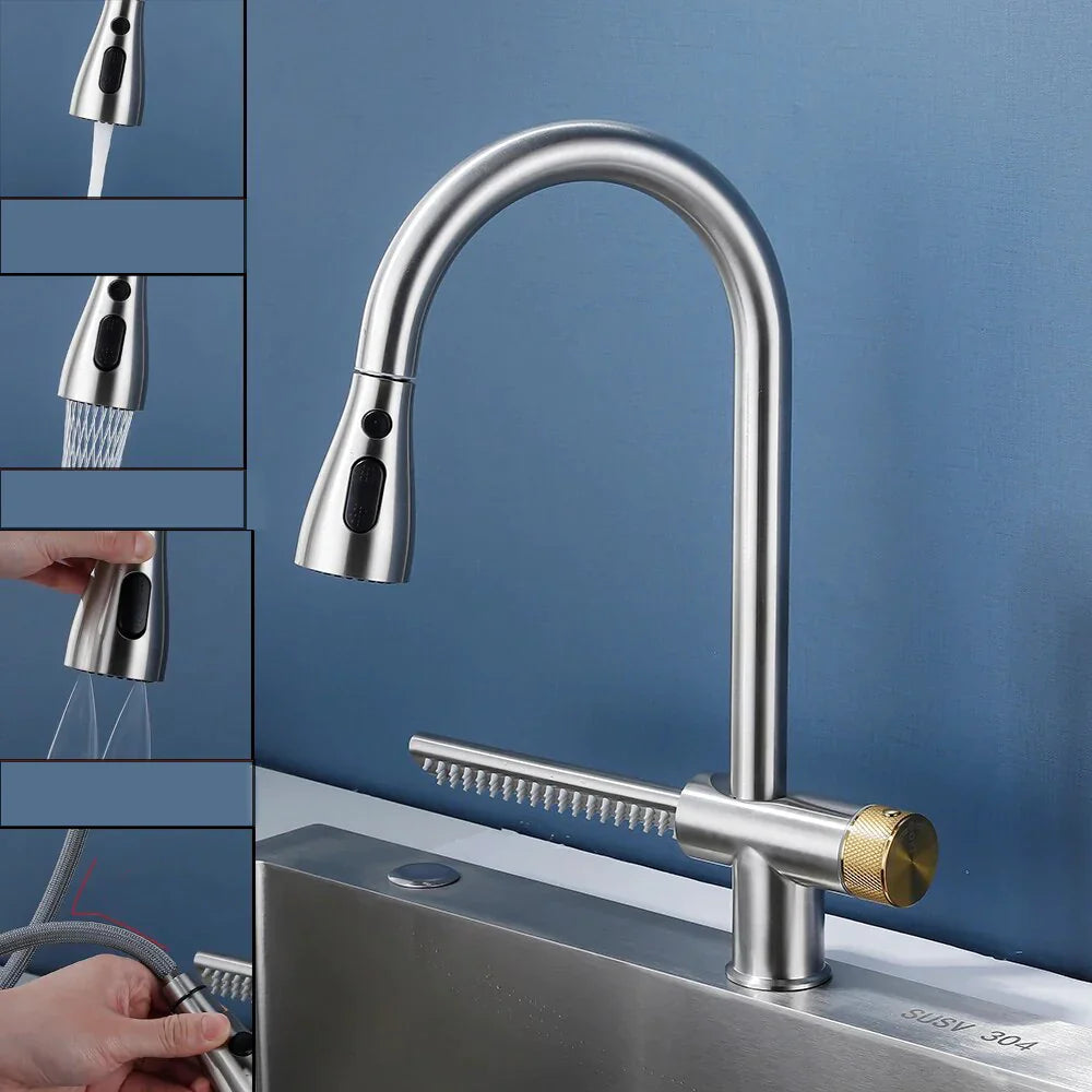 Robinet évier cuisine cascade flexible douchette - Argenté - Laiton