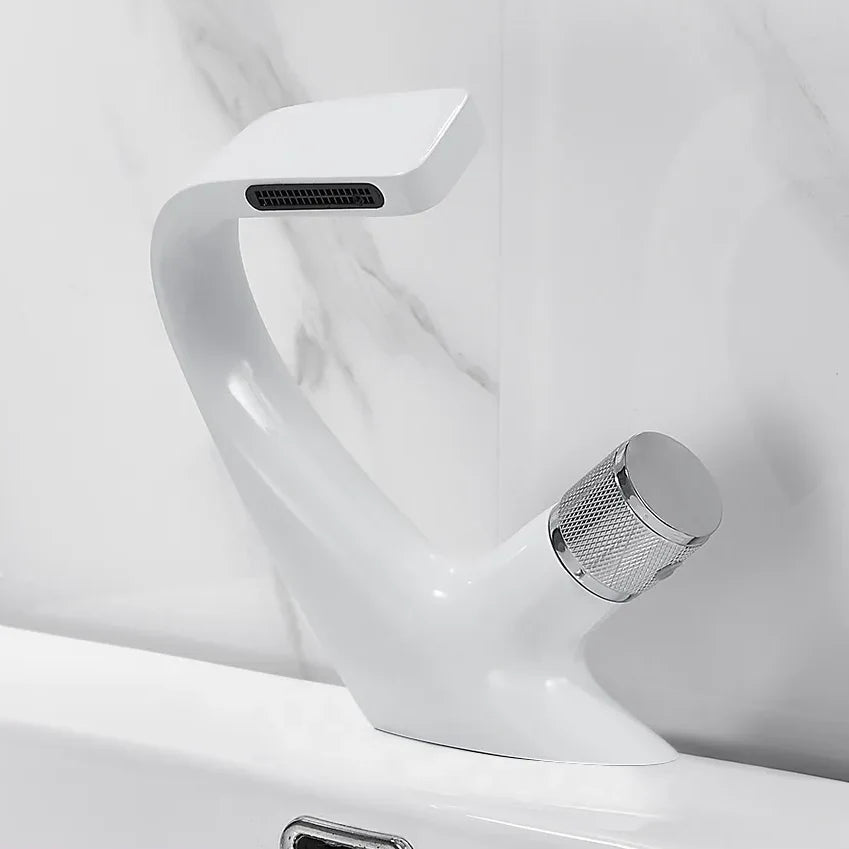 Robinet lavabo salle de bain incurvé mitigeur molette - Blanc - Laiton