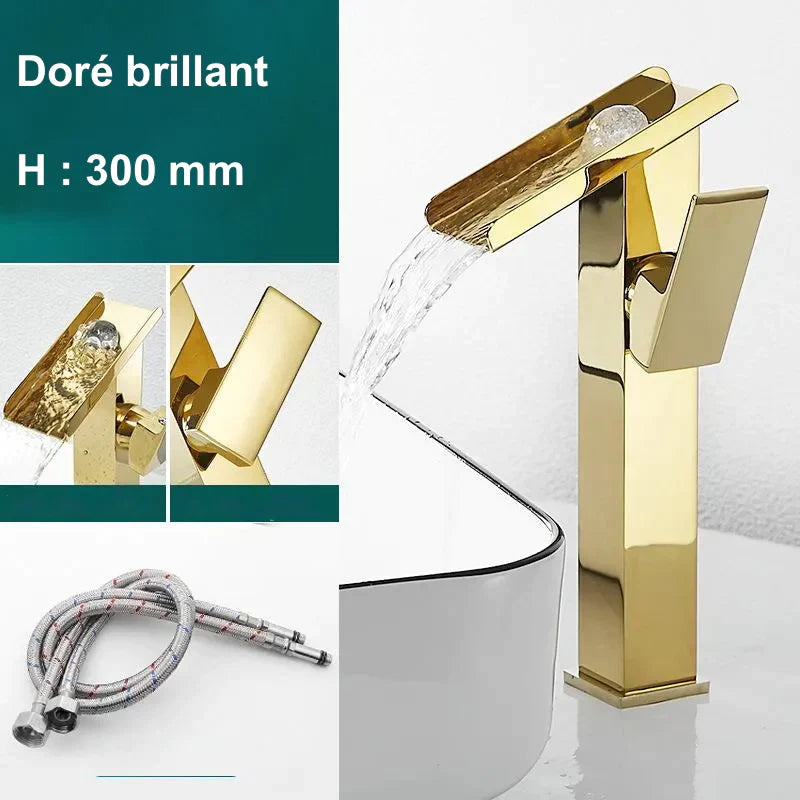 Robinet lavabo salle de bain design rectangulaire cascade - Doré - Laiton