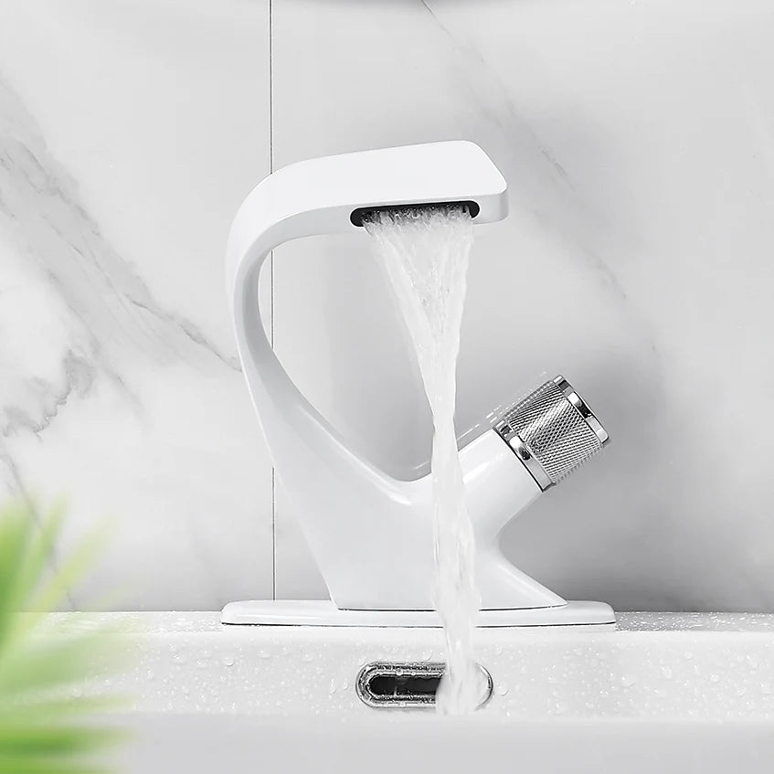 Robinet lavabo salle de bain incurvé mitigeur molette - Blanc - Laiton