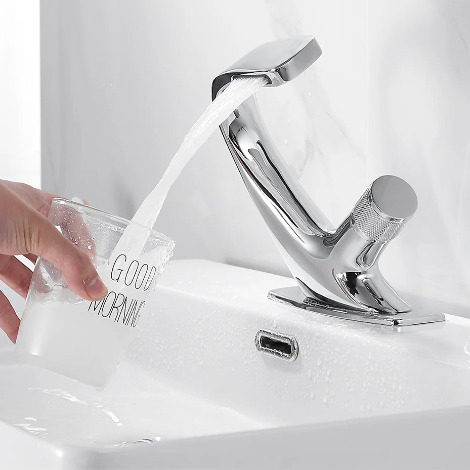 Robinet lavabo salle de bain incurvé mitigeur molette - Blanc - Laiton