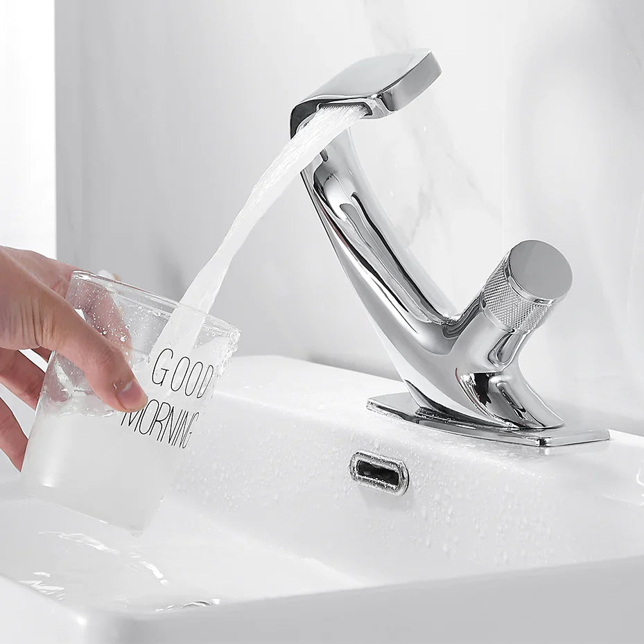 Robinet lavabo salle de bain incurvé mitigeur molette - Argenté - Laiton