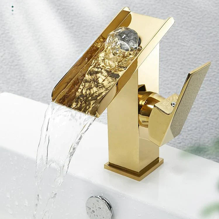 Robinet lavabo salle de bain design rectangulaire cascade - Doré - Laiton