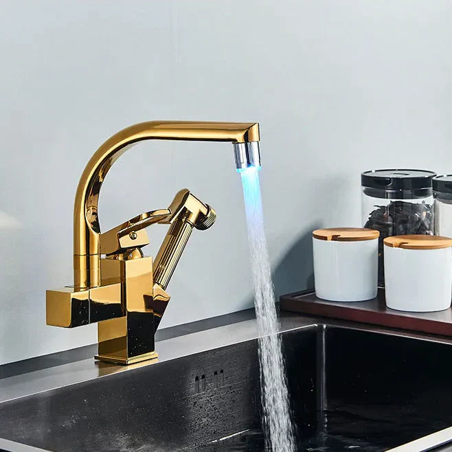 Robinet évier cuisine design mitigeur led flexible douchette pistolet - Doré - Laiton