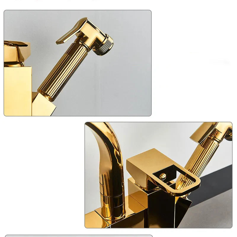 Robinet évier cuisine design mitigeur flexible douchette pistolet - Doré - Laiton