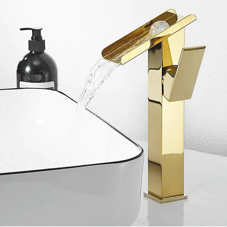 Robinet lavabo salle de bain design rectangulaire cascade - Doré - Laiton