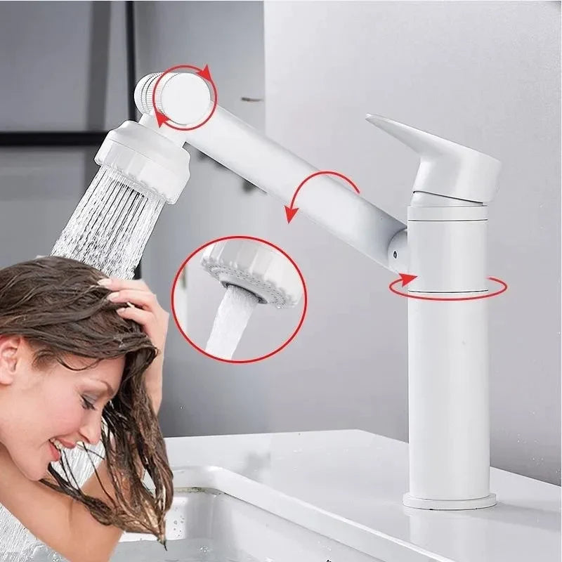 Robinet lavabo salle de bain pivotant rotatif multijet - Blanc - Laiton
