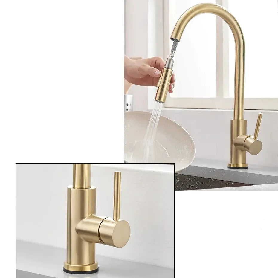 Robinet évier cuisine design mitigeur tactile pivotant - Doré