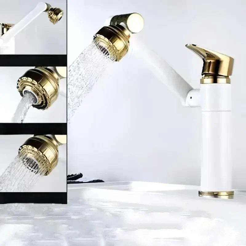 Robinet lavabo salle de bain pivotant rotatif multijet - Blanc - Laiton
