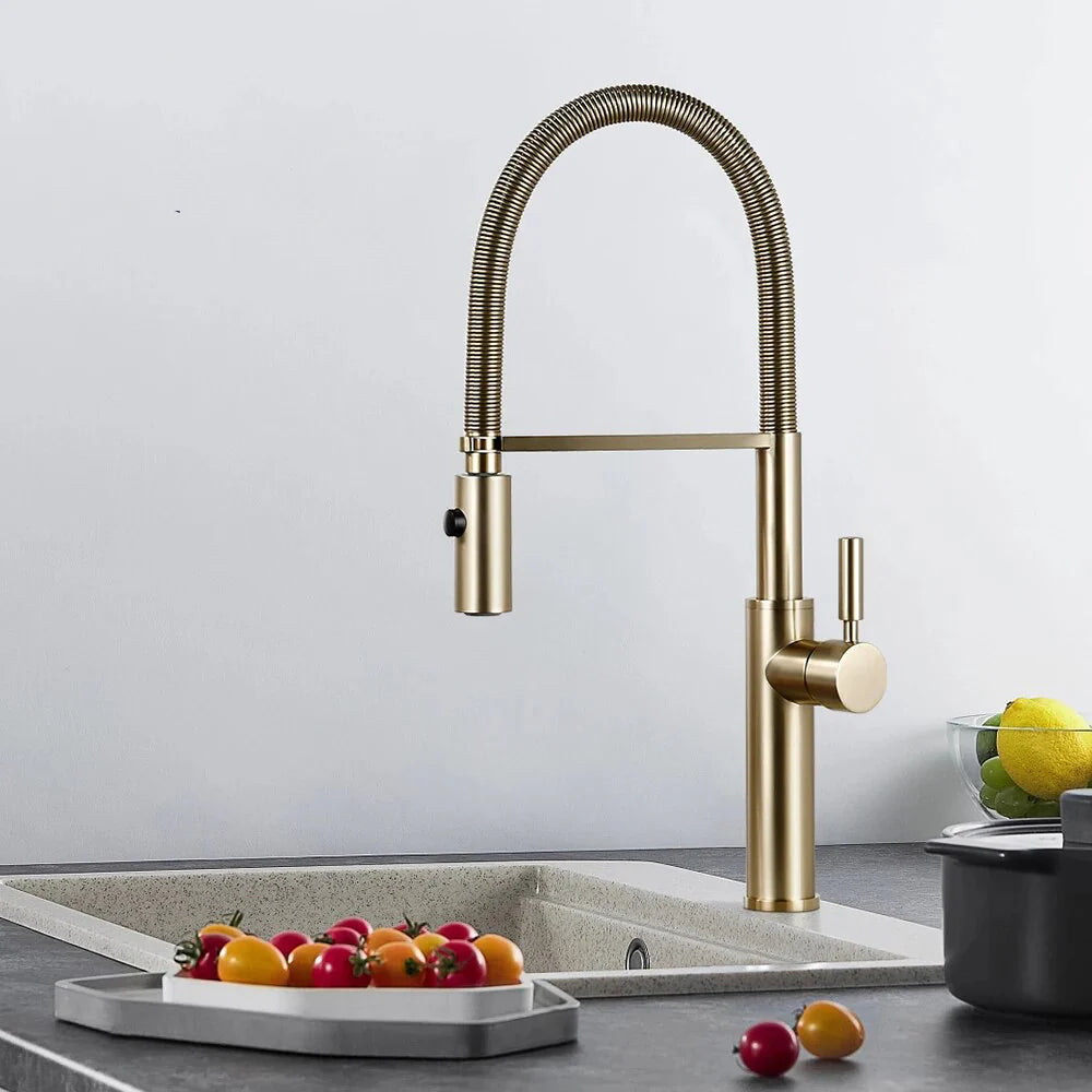 Robinet évier cuisine flexible douchette design - Doré - Laiton