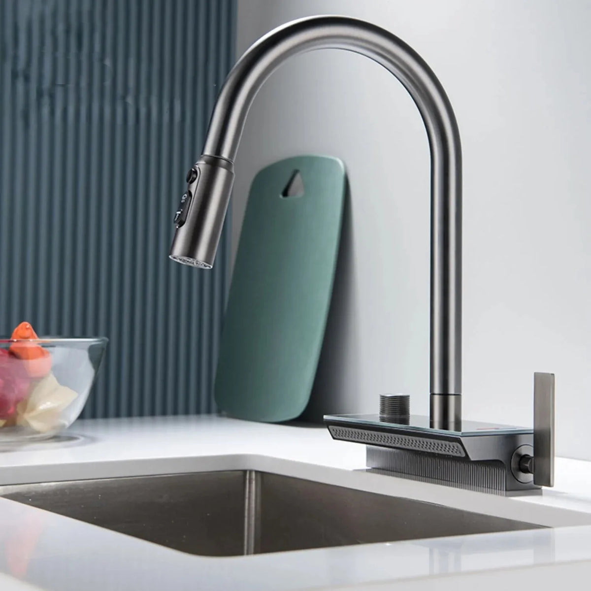 Robinet évier cuisine cascade flexible douchette affichage numérique - Noir