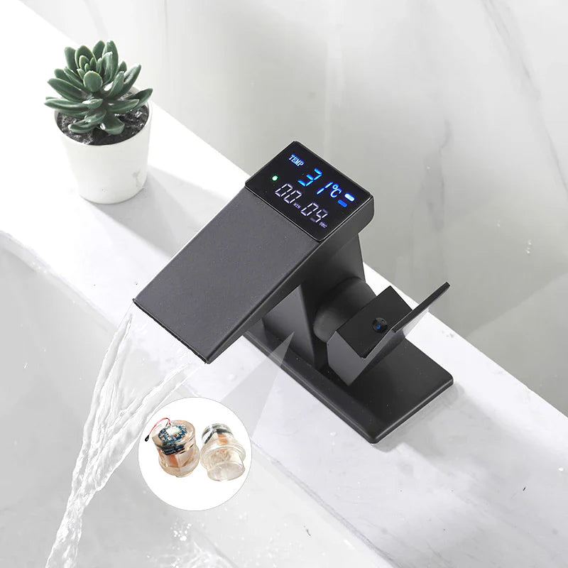 Robinet salle de bain lavabo thermostatique affichage numérique - Noir - Laiton