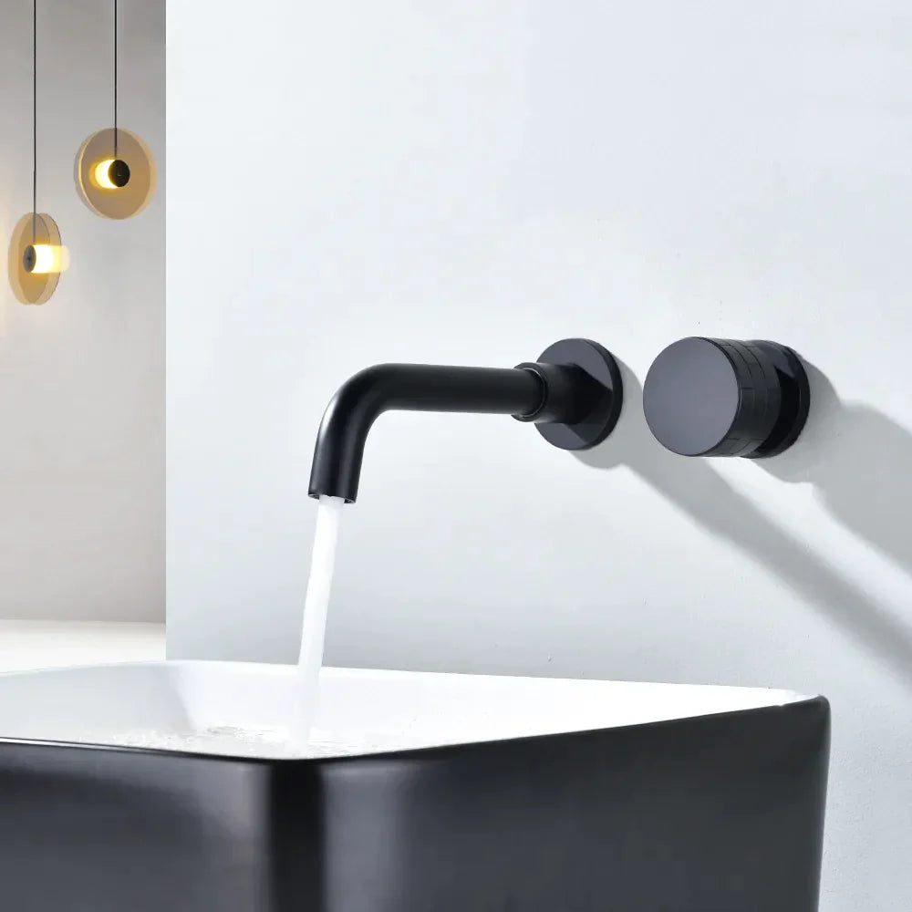 Robinet lavabo salle de bain mural encastrable mitigeur molette - Noir  - Laiton