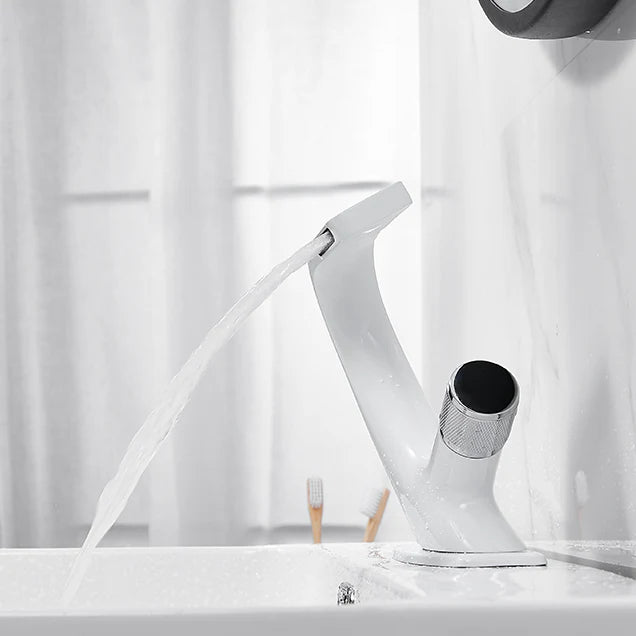 Robinet lavabo salle de bain incurvé mitigeur molette - Blanc - Laiton