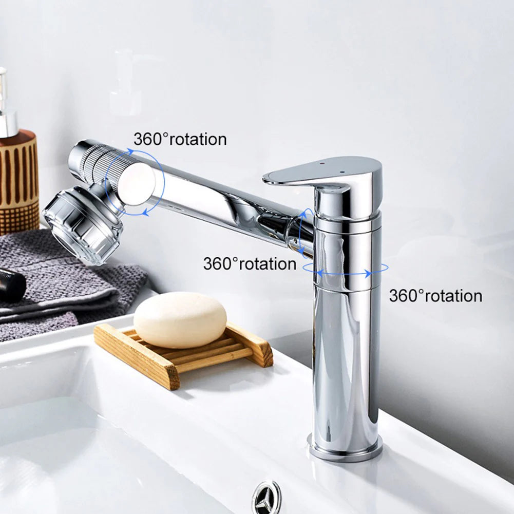 Robinet lavabo salle de bain pivotant rotatif multijet - Argenté - Laiton