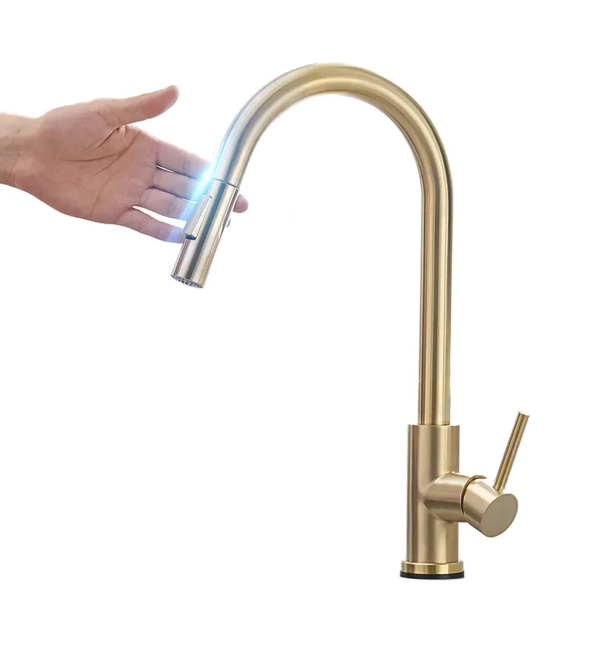 Robinet évier cuisine design mitigeur tactile pivotant - Doré