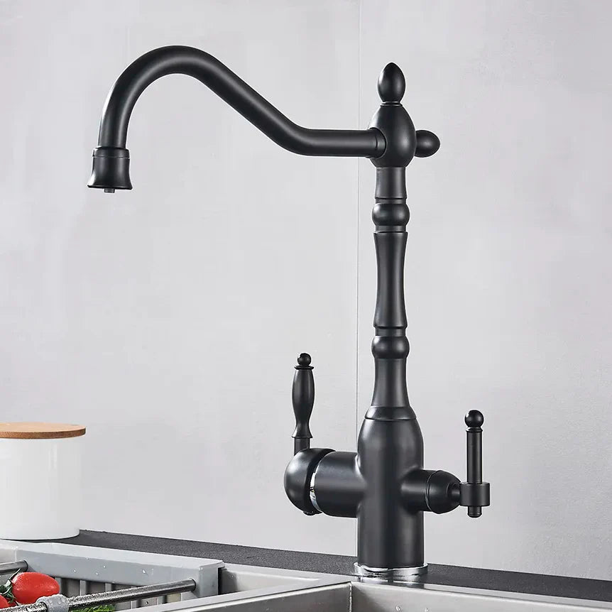 Robinet évier cuisine rétro mitigeur purificateur d'eau - Noir - Laiton
