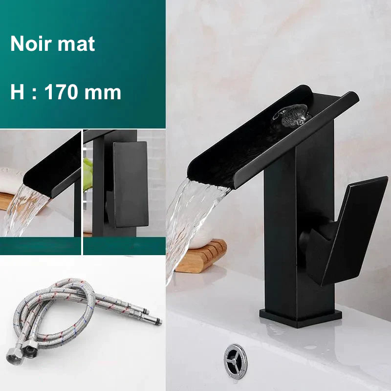 Robinet lavabo salle de bain design rectangulaire cascade - Noir - Laiton