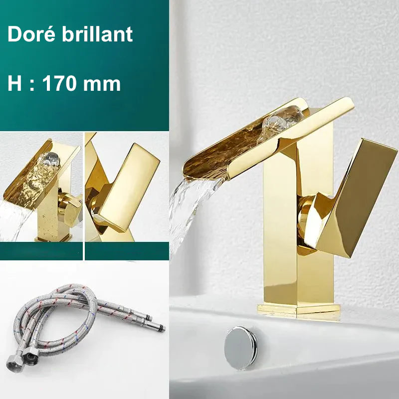 Robinet lavabo salle de bain design rectangulaire cascade - Doré - Laiton